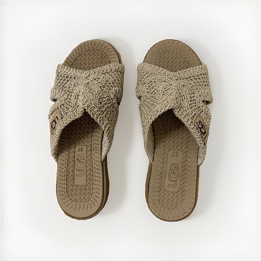 UGG Beige Crochet Woven Slides Flats Women Size 37/6